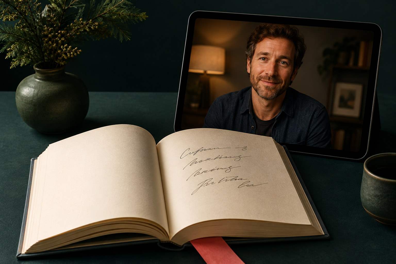 Libro abierto y encuentro con un autor en una tableta